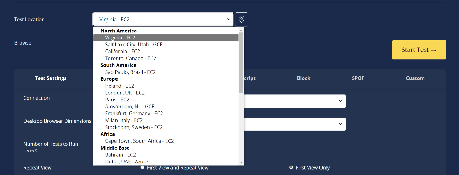 Webpagetest Server Options