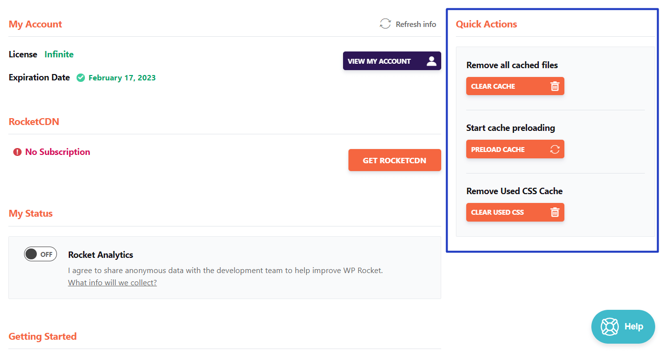 Wp Rocket Account Quick Actions