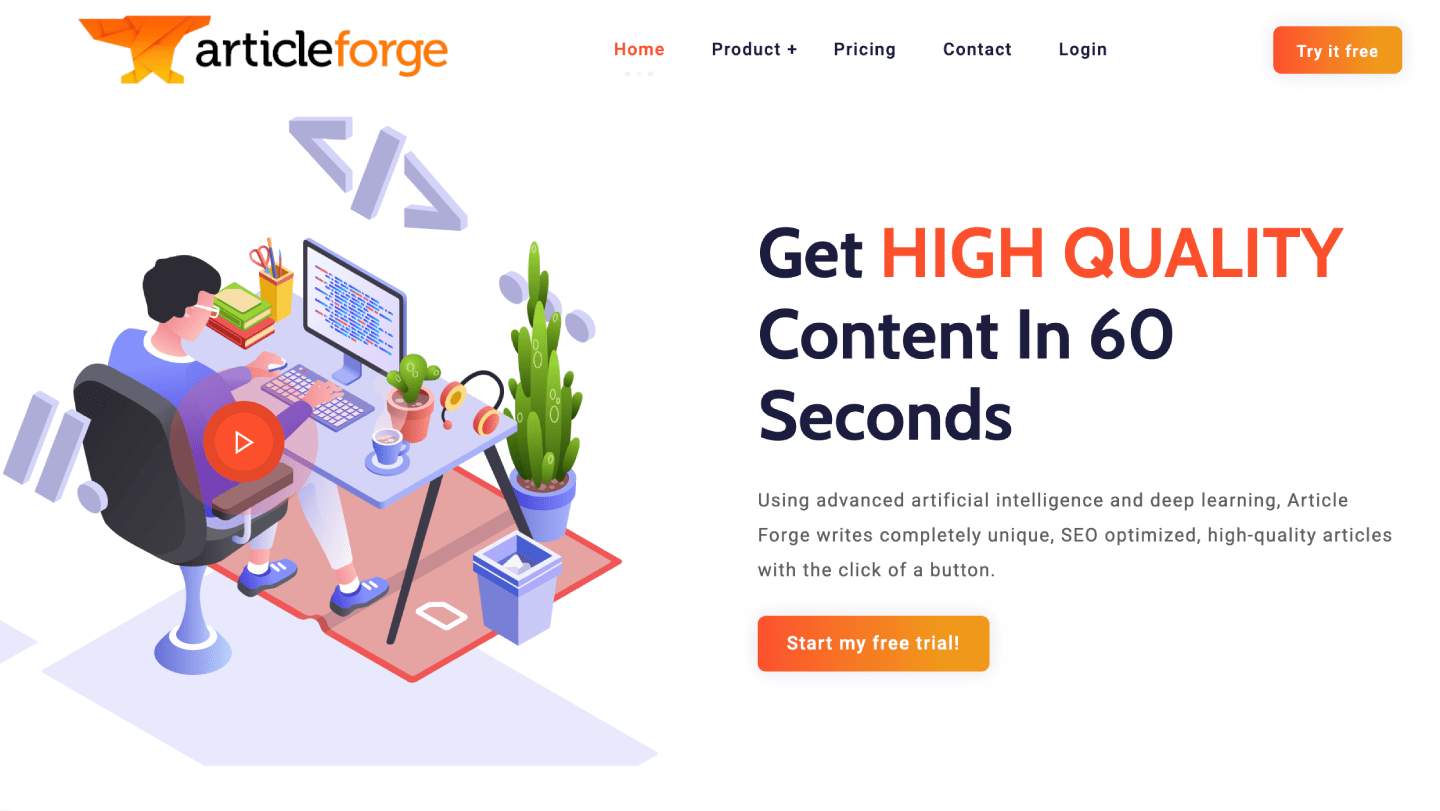 a screenshot of Article Forge's website