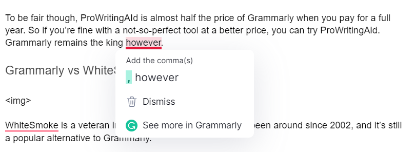 Grammarly Suggestion Along The Way