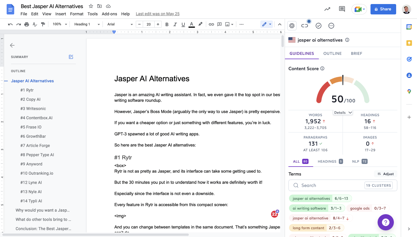Surfer SEO's browser extension active in google Docs