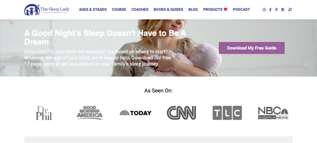 the sleep lady homepage screenshot