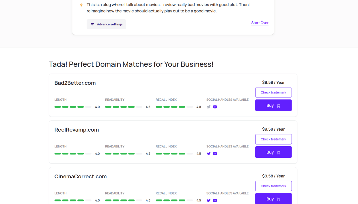 brandsnap domain name search results