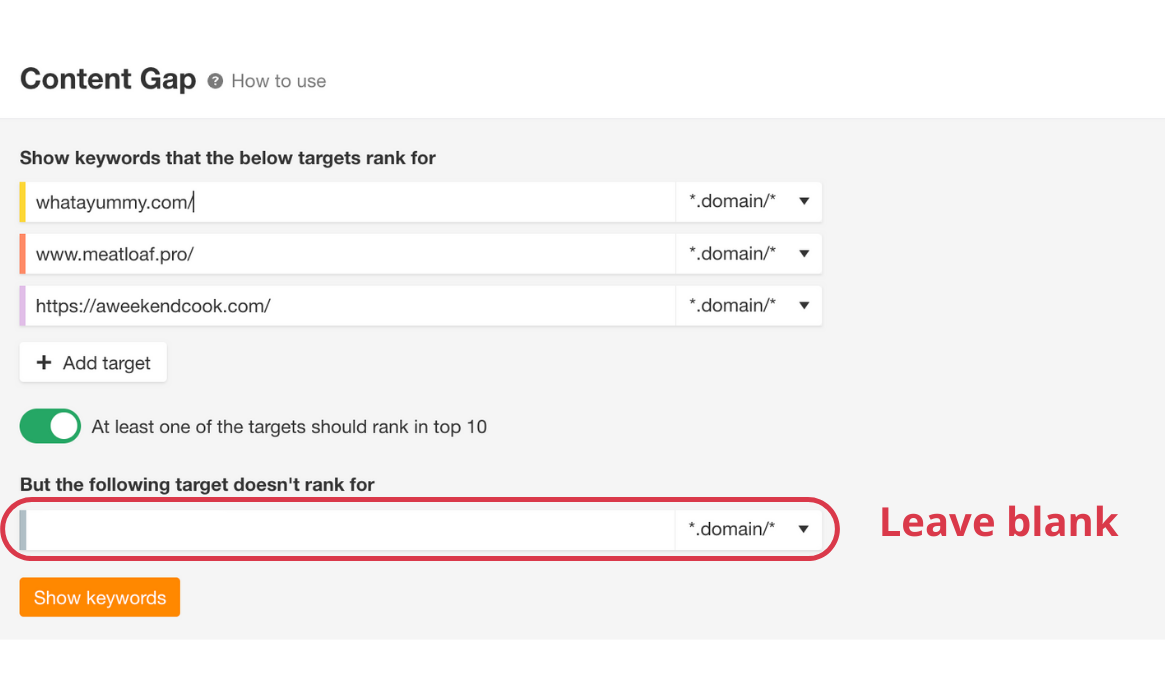 ahrefs content gap settings