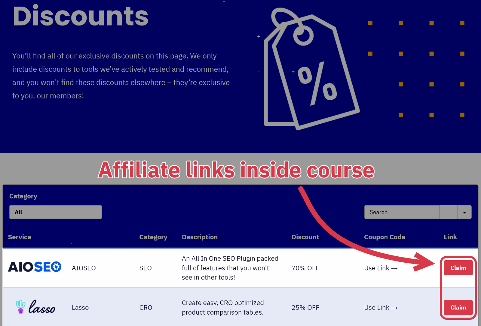 affiliate links in course