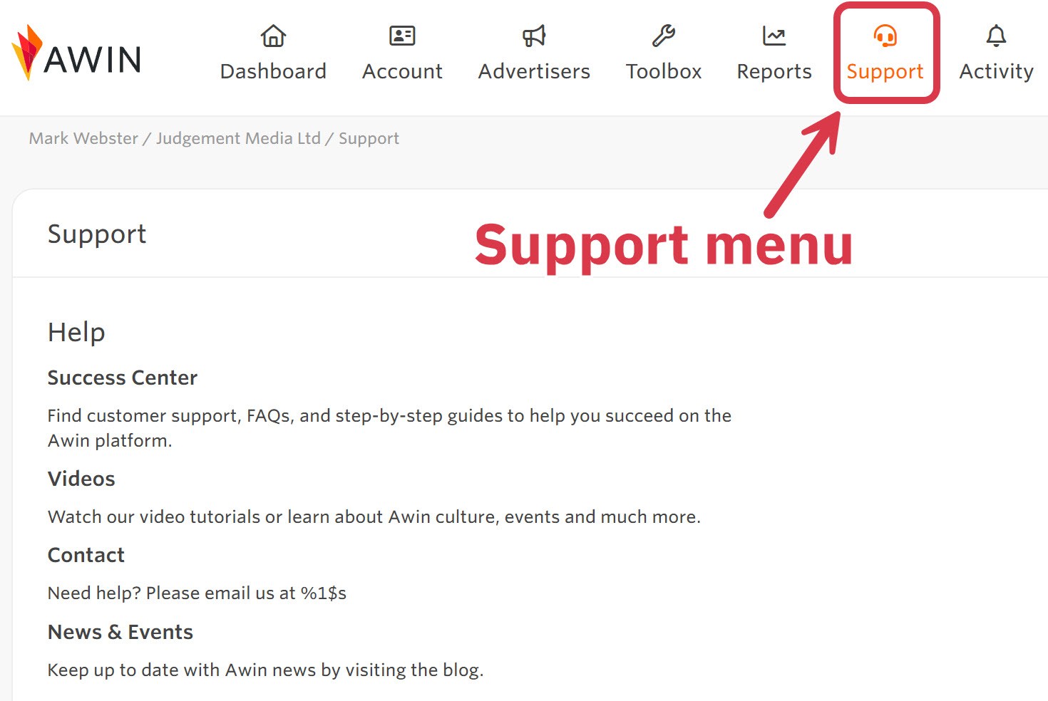 Awin support menu